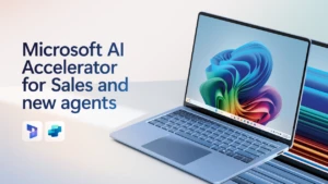 A laptop with a colorful design on the screen. The image reads: "Microsoft AI Accelerator for Sales and new agents", and it incorporates the Dynamics 365 logo and the Copilot Studio logo.